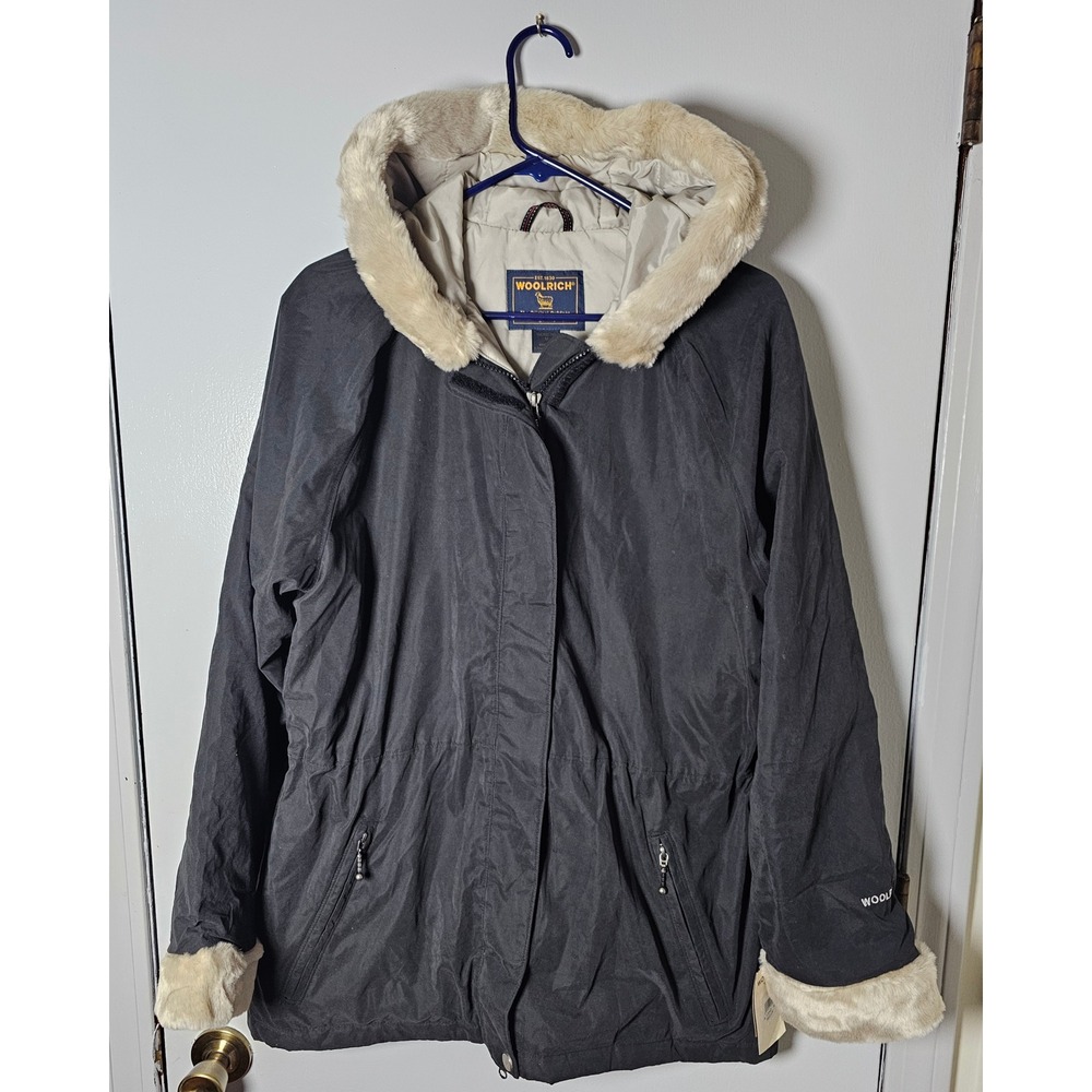 Woolrich Womens Black Insulated Water Repellent Faux Fur Trim Hooded Parka Sz M